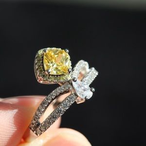 0.82 CT Cushion Cut Fancy Yellow Lab Grown Diamond Ring, Pear Cut